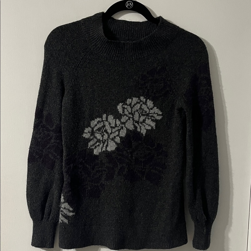 LOFT Charcoal Sweater with Floral Rose Purple Design XS